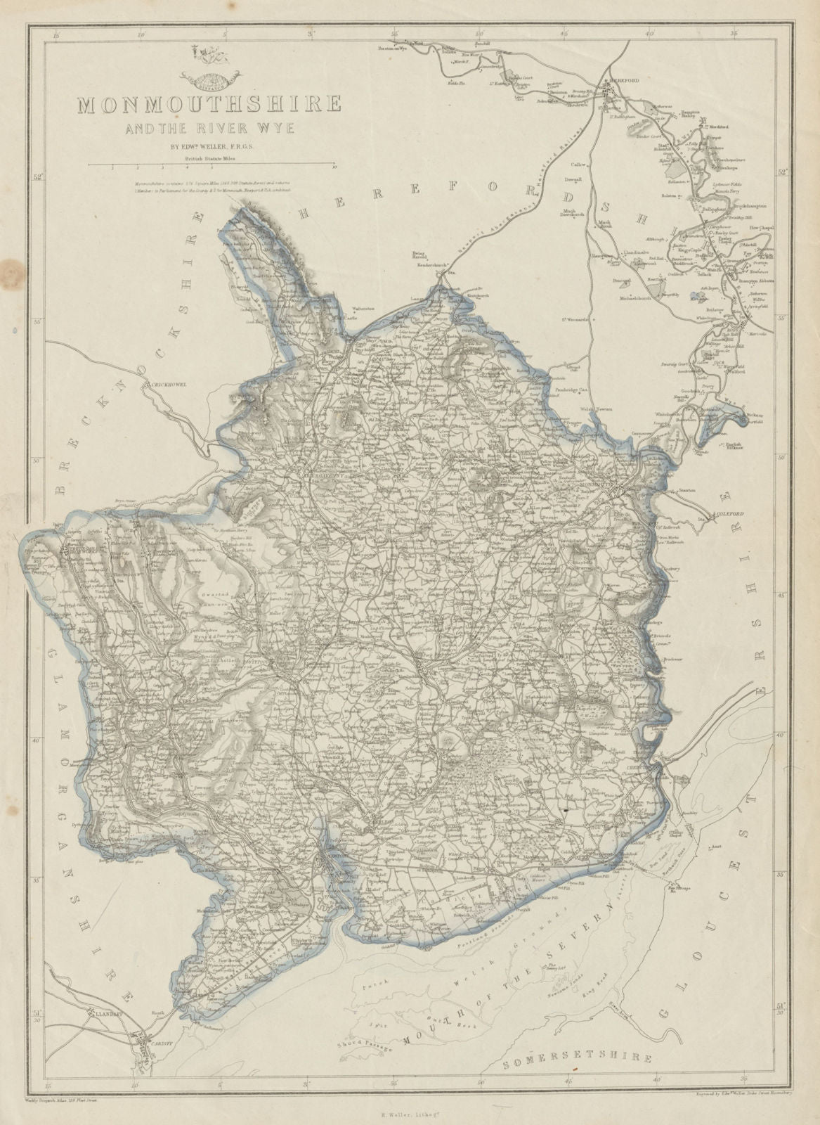 RIVER WYE VALLEY & MONMOUTHSHIRE. Antique county map. Railways. WELLER 1862
